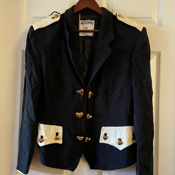 MOSCHINO Vintage Black Cream Heart Buttons Double Breast Blazer Epaulettes Sz 14 - Picture 1 of 16
